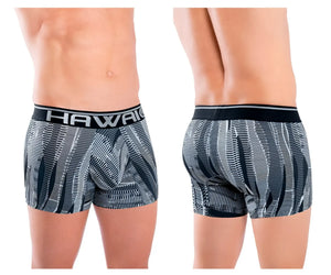 Black and gray patterned men’s boxer briefs with bold hawaii waistband from hawai 42121 printed athletic trunks color black