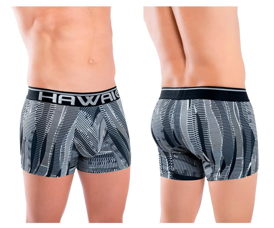 Black and gray patterned men’s boxer briefs with bold hawaii waistband from hawai 42121 printed athletic trunks color black