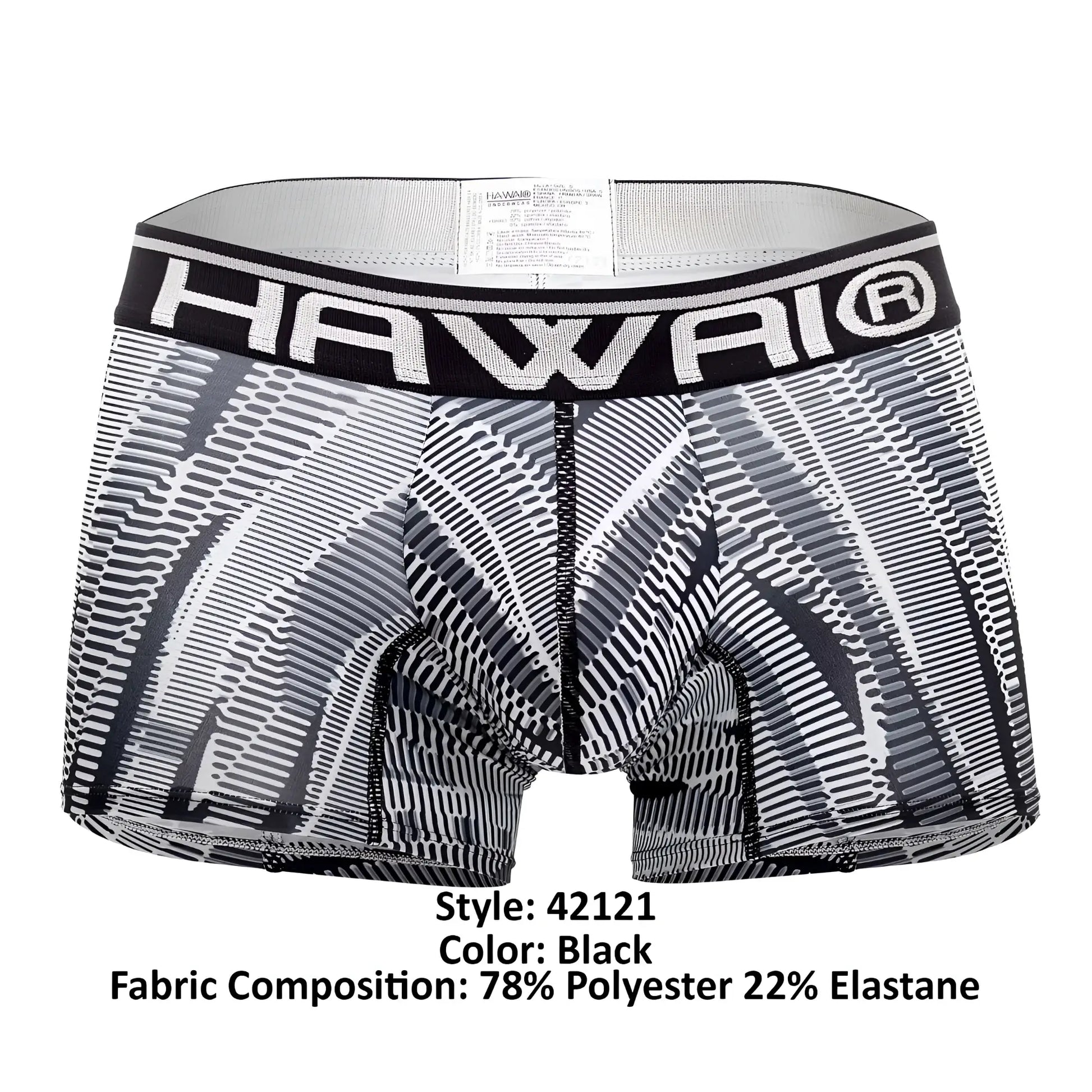Black and white patterned men’s boxer briefs with bold Hawai logo waistband in printed athletic trunks black color