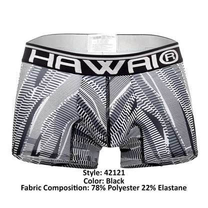 Black and white patterned men’s boxer briefs with bold Hawai logo waistband in printed athletic trunks black color