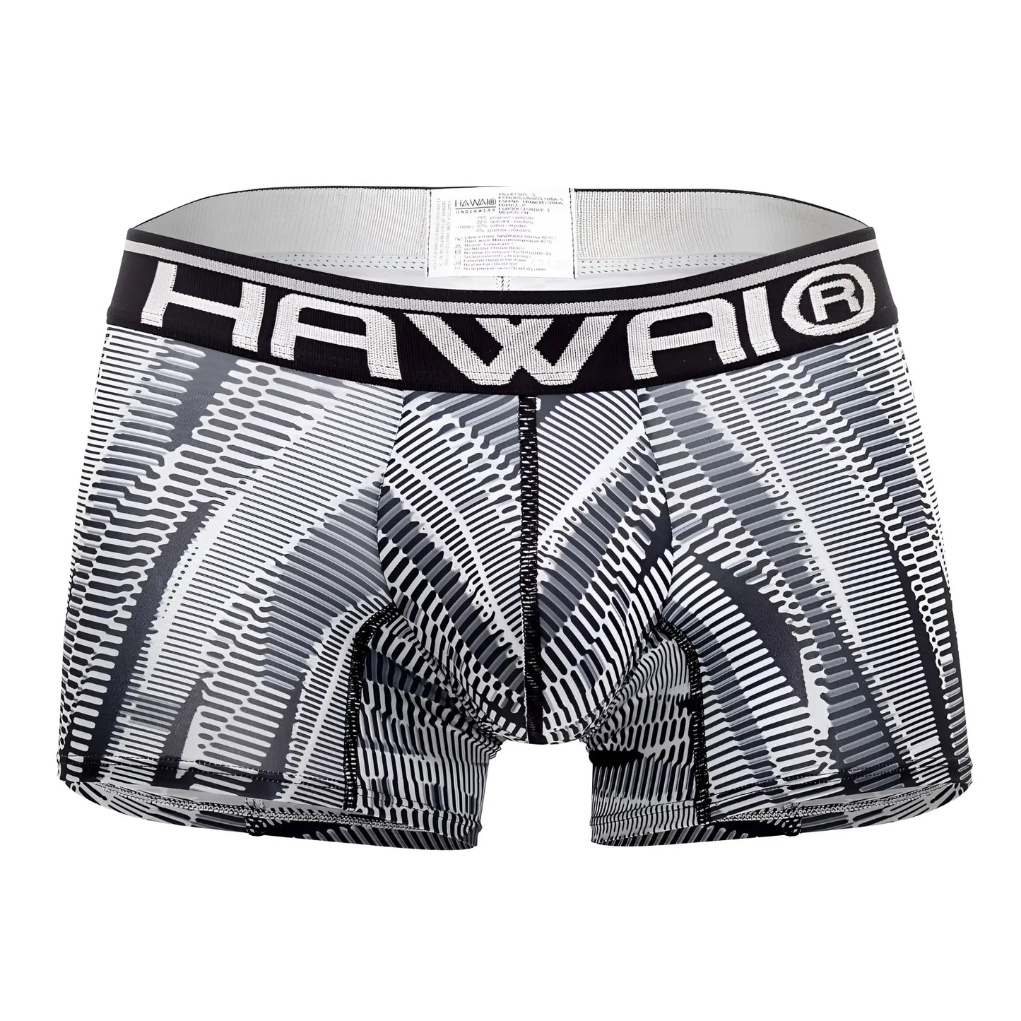 Black and white patterned men’s boxer briefs with bold hawaii logo waistband from hawai 42121 printed athletic trunks in black