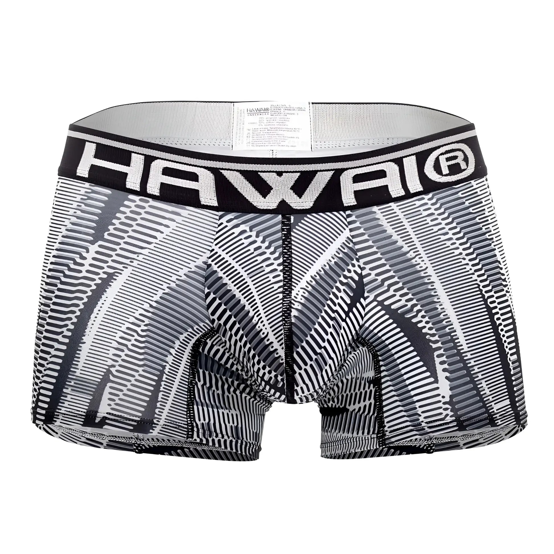 Black and white patterned men’s boxer briefs with bold hawaii logo waistband from hawai 42121 printed athletic trunks in black