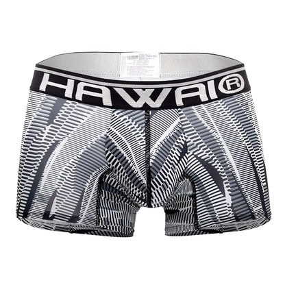 Black and white patterned men’s boxer briefs with bold hawaii logo waistband from hawai 42121 printed athletic trunks in black