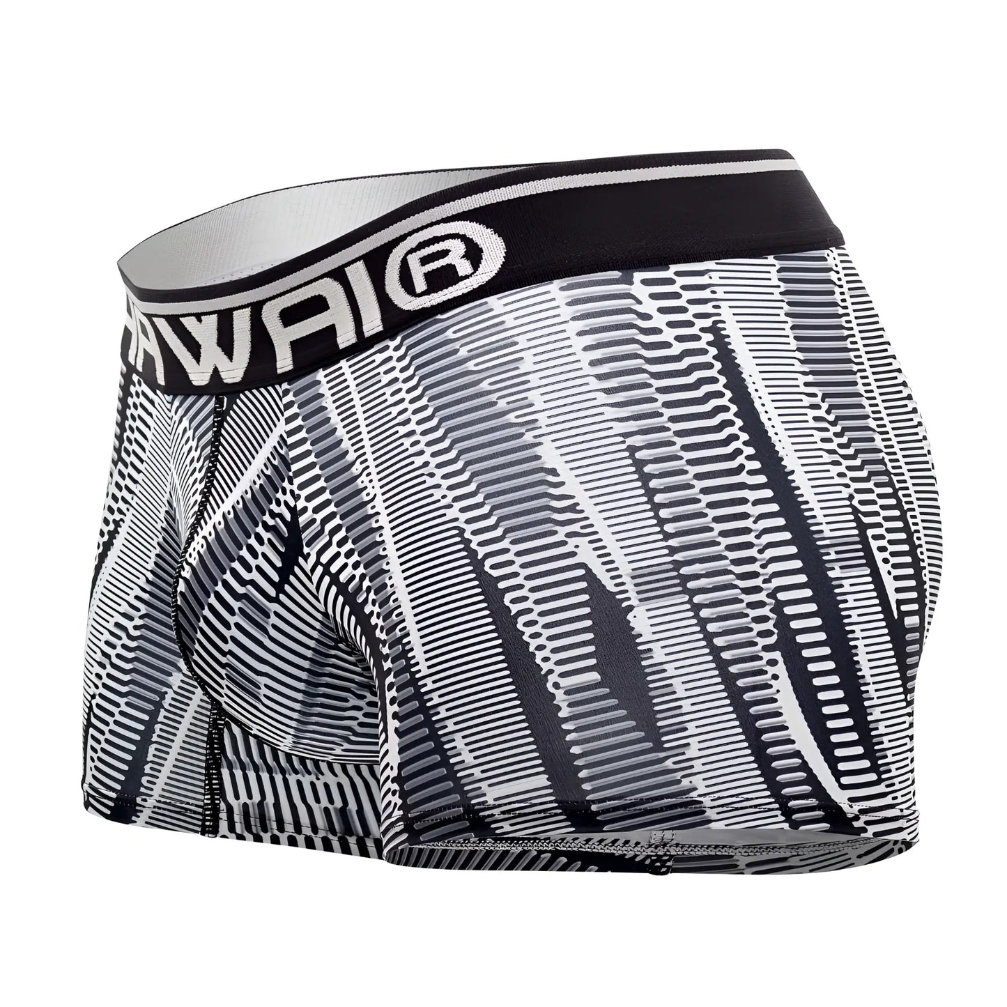 Black and white patterned men’s boxer briefs with bold geometric diagonal lines and hawaii on the waistband