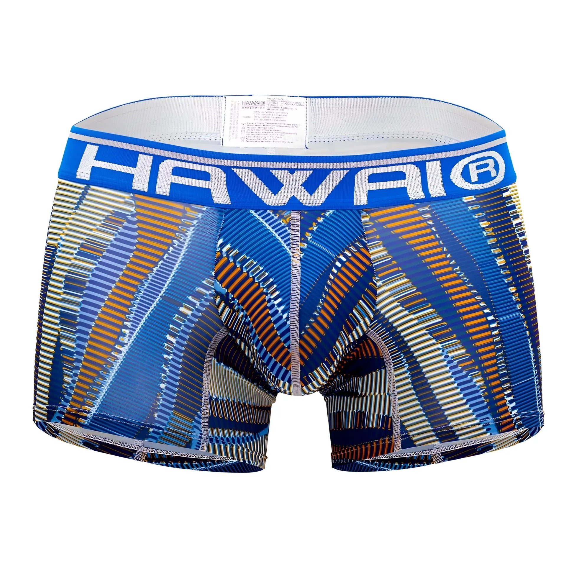 Blue and brown patterned men’s boxer briefs with bold hawaii waistband in royal blue printed athletic trunks