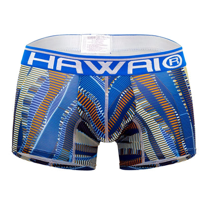Blue and brown patterned men’s boxer briefs with bold hawaii waistband in royal blue printed athletic trunks