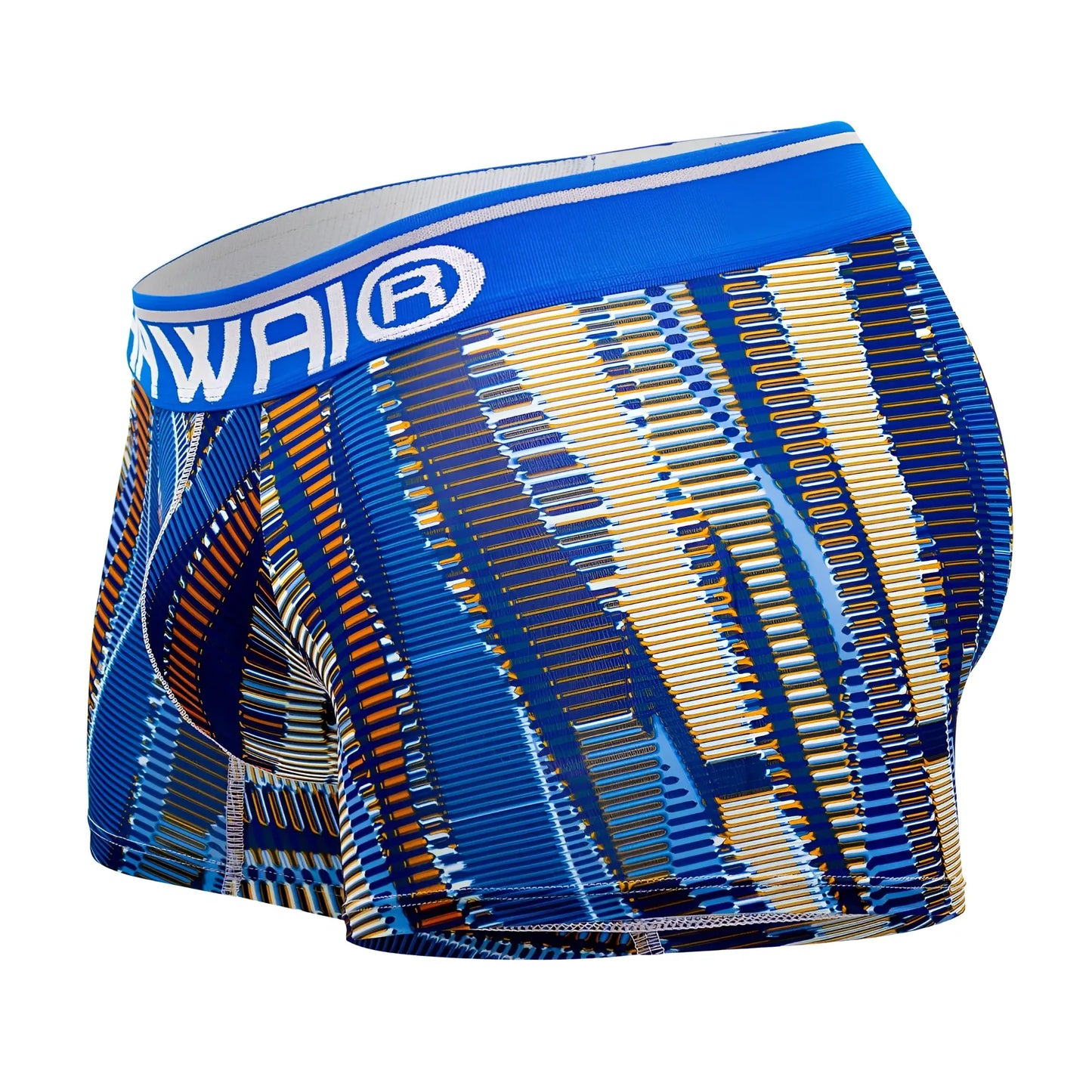 Blue and gold patterned royal blue athletic boxer briefs with white hawai logo on waistband for active wear
