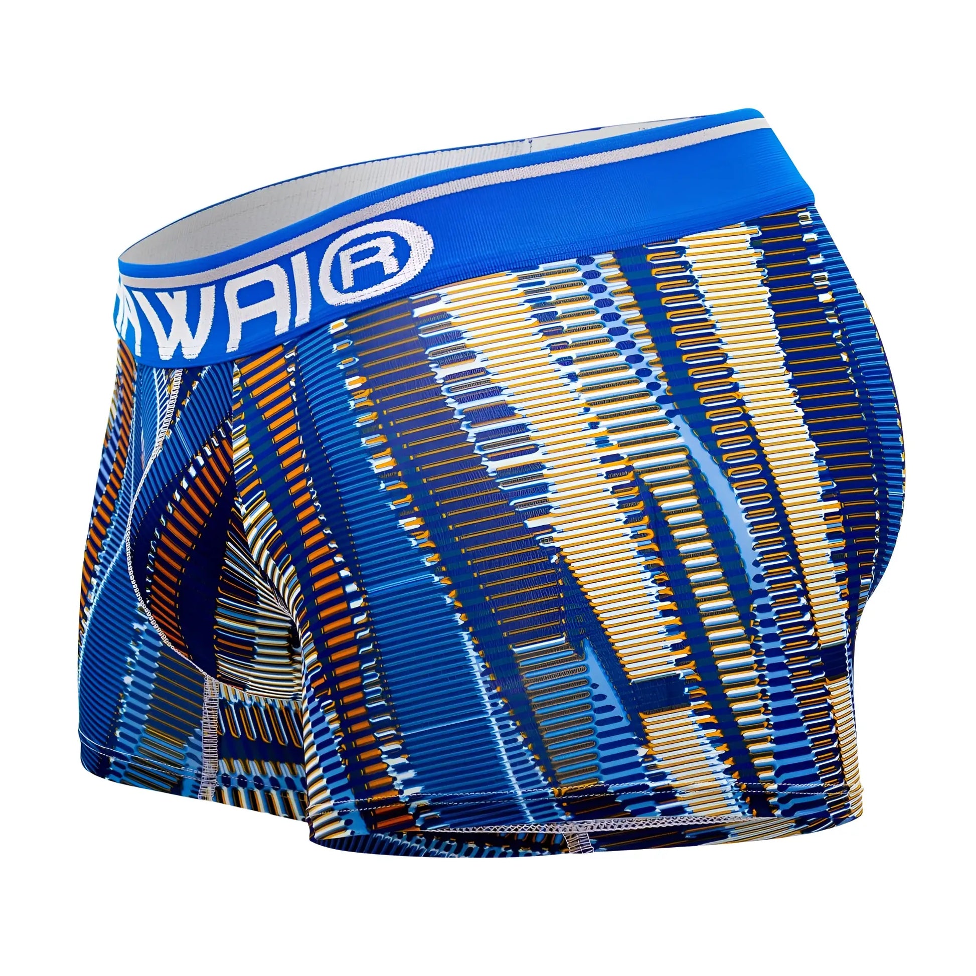 Blue and gold patterned royal blue athletic boxer briefs with white hawai logo on waistband for active wear