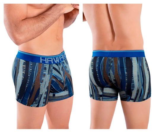 Blue and gray hawai 42121 printed athletic trunks with bold vertical stripe pattern in royal blue and black colors