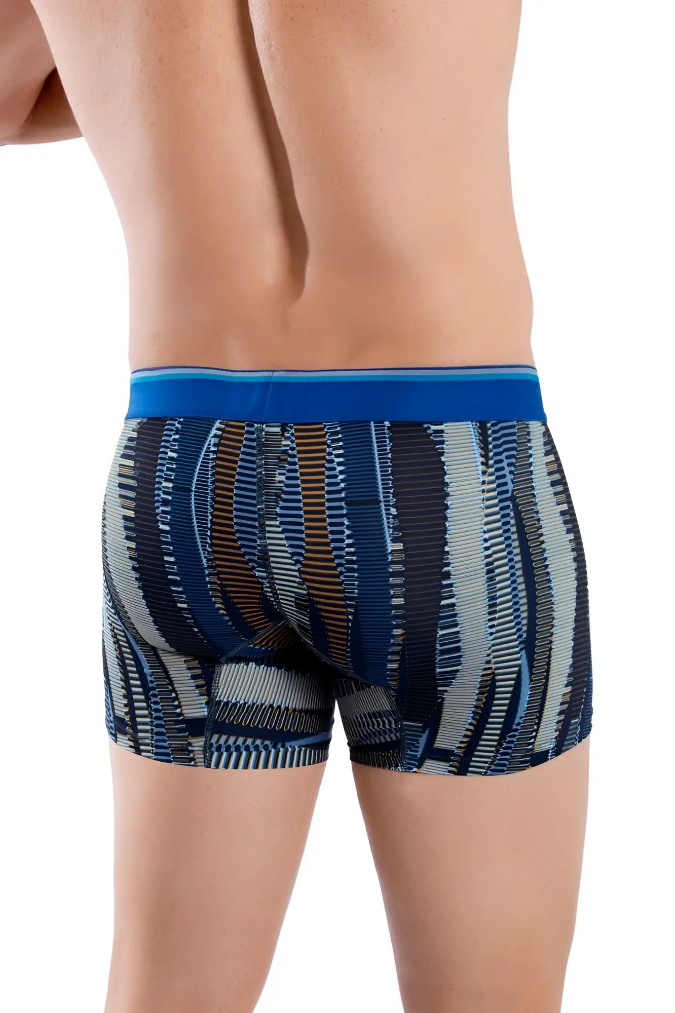 Blue and gray patterned HAWAI 42121 printed athletic boxer briefs with a solid royal blue waistband for active wear