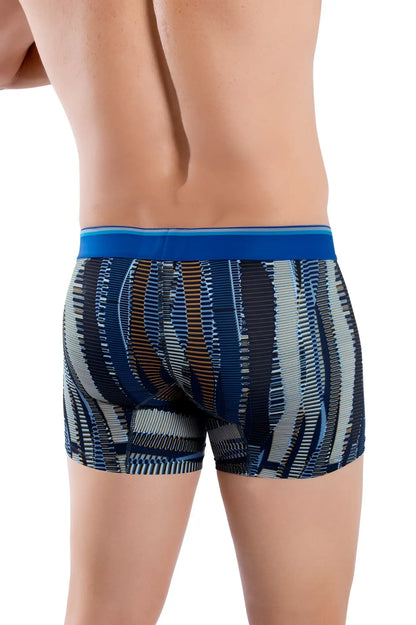 Blue and gray patterned HAWAI 42121 printed athletic boxer briefs with a solid royal blue waistband for active wear