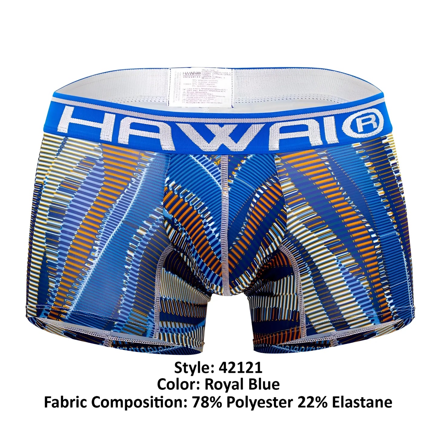 Royal blue hawaiian-themed boxer briefs with bold geometric pattern and elastic waistband printed athletic trunks