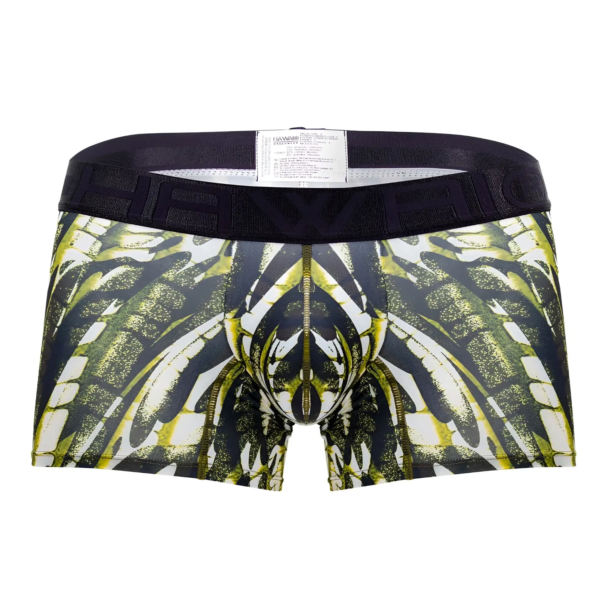 Black and lime green printed microfiber men’s boxer briefs with bold wing-like patterns in military green color