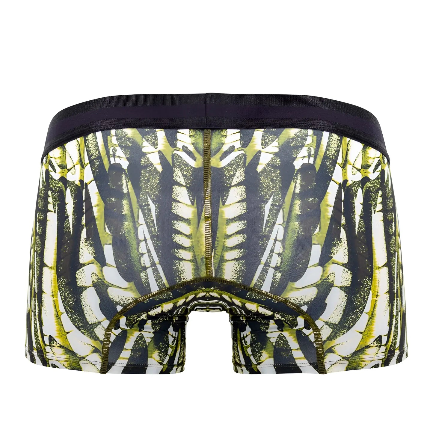 Hawai 42172 printed microfiber trunks in military green featuring black and lime green skeleton pattern boxer briefs with dark waistband