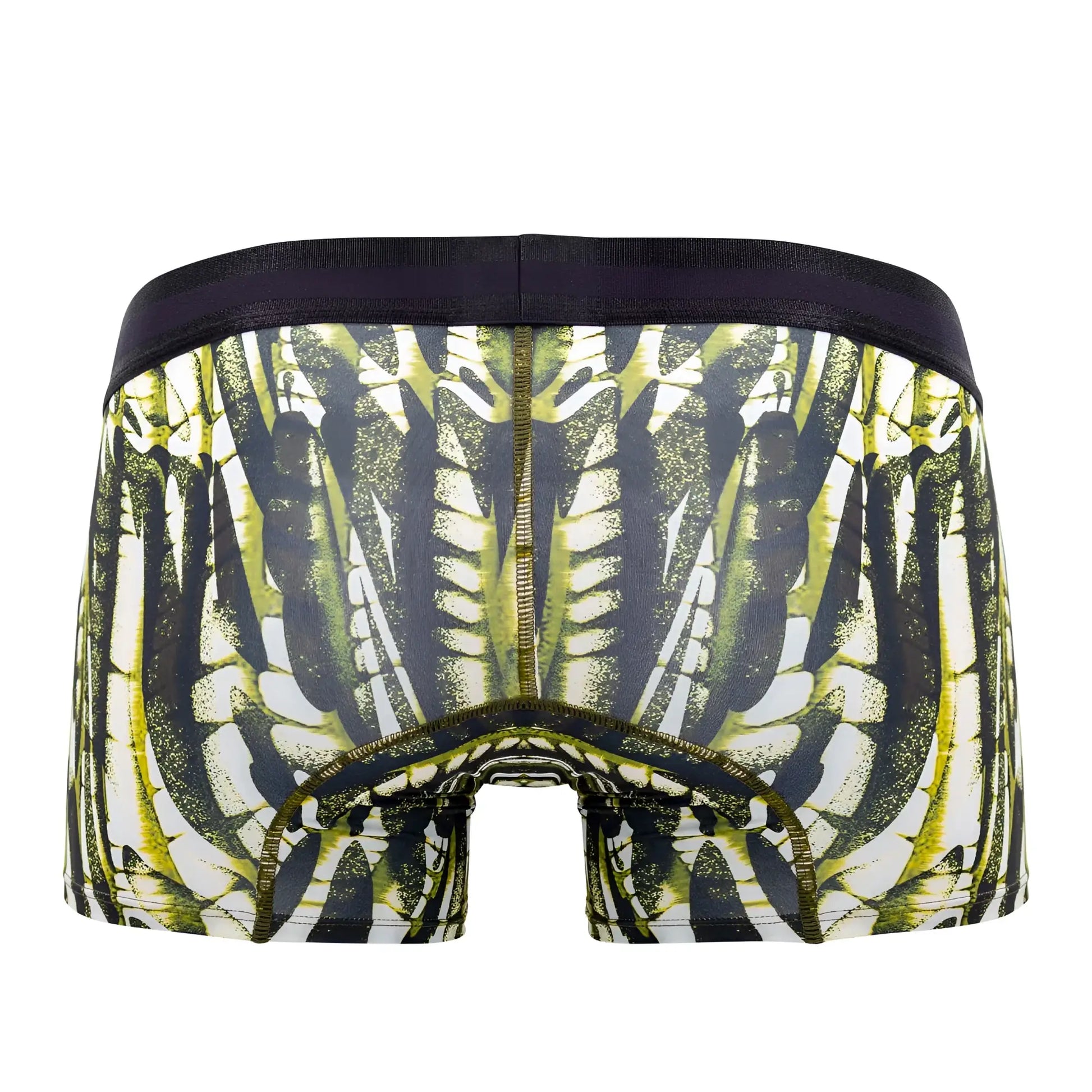 Hawai 42172 printed microfiber trunks in military green featuring black and lime green skeleton pattern boxer briefs with dark waistband