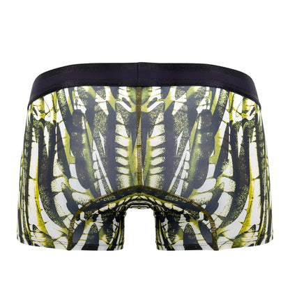 Hawai 42172 printed microfiber trunks in military green featuring black and lime green skeleton pattern boxer briefs with dark waistband