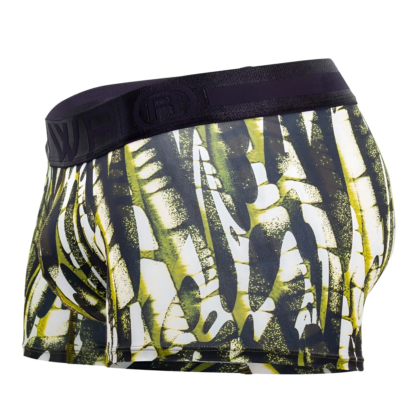 Black and neon green abstract patterned hawai 42172 printed microfiber trunks with black elastic waistband in military green