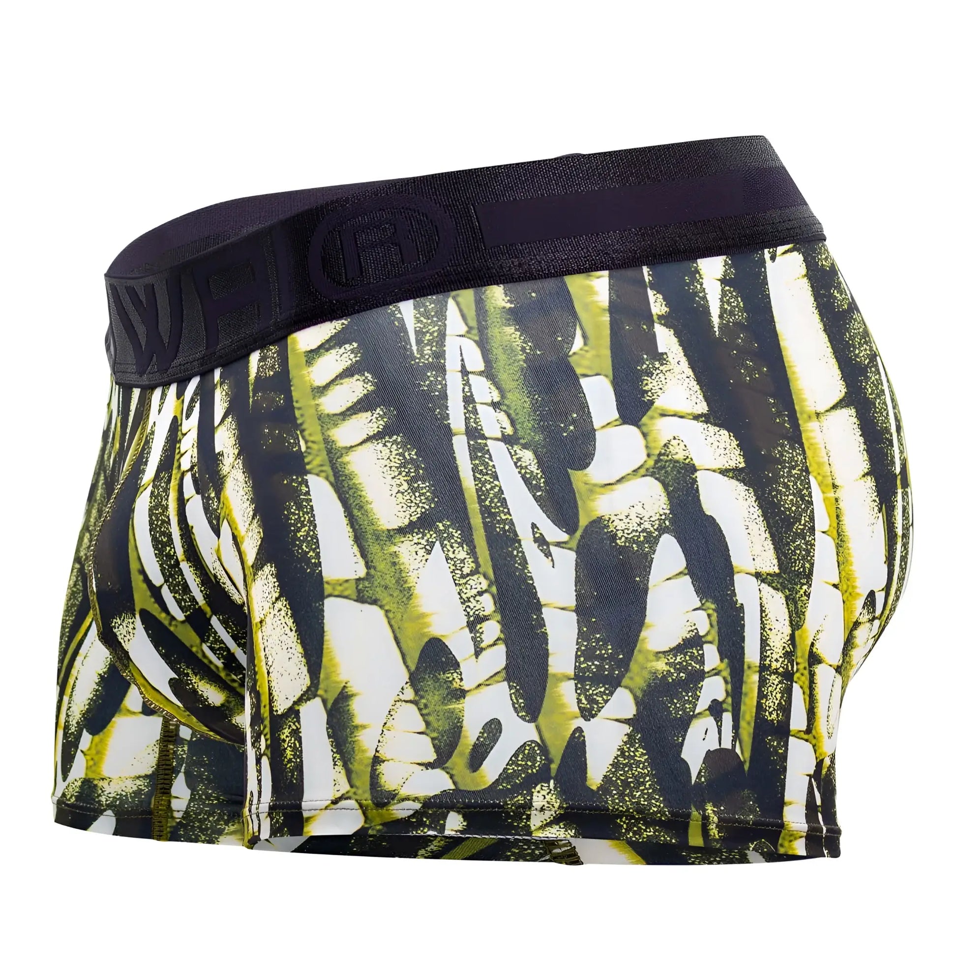 Black and neon green abstract patterned hawai 42172 printed microfiber trunks with black elastic waistband in military green