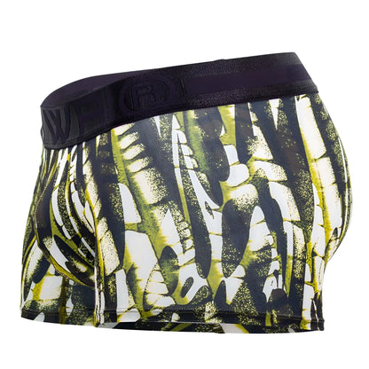 Black and neon green abstract patterned hawai 42172 printed microfiber trunks with black elastic waistband in military green
