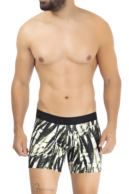 Hawai 42172 printed microfiber trunks in military green with black and white abstract leaf patterned boxer briefs