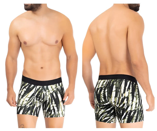 Hawai 42172 printed microfiber trunks in military green with black and white bold abstract leaf pattern boxer briefs