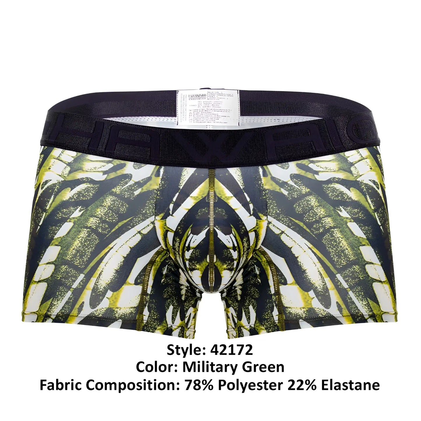 Military green hawai 42172 printed microfiber boxer briefs with bold black and lime green wings and central zipper detail