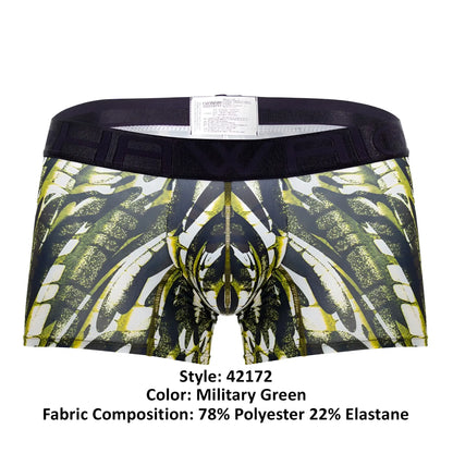 Military green hawai 42172 printed microfiber boxer briefs with bold black and lime green wings and central zipper detail