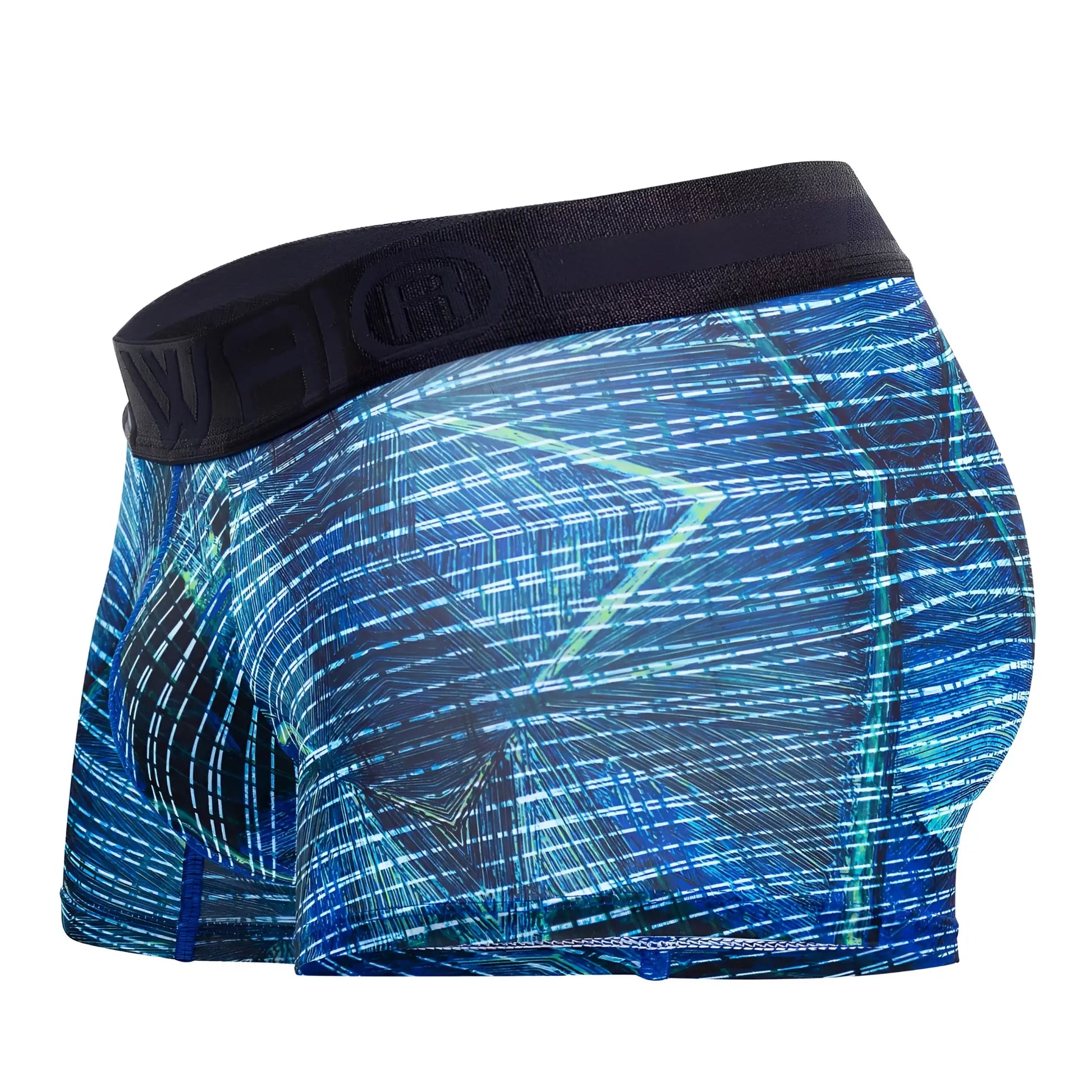 Blue and black patterned men’s boxer briefs with geometric design made of microfiber in royal blue color