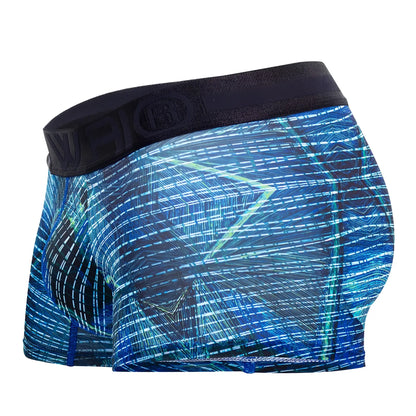 Blue and black patterned men’s boxer briefs with geometric design made of microfiber in royal blue color
