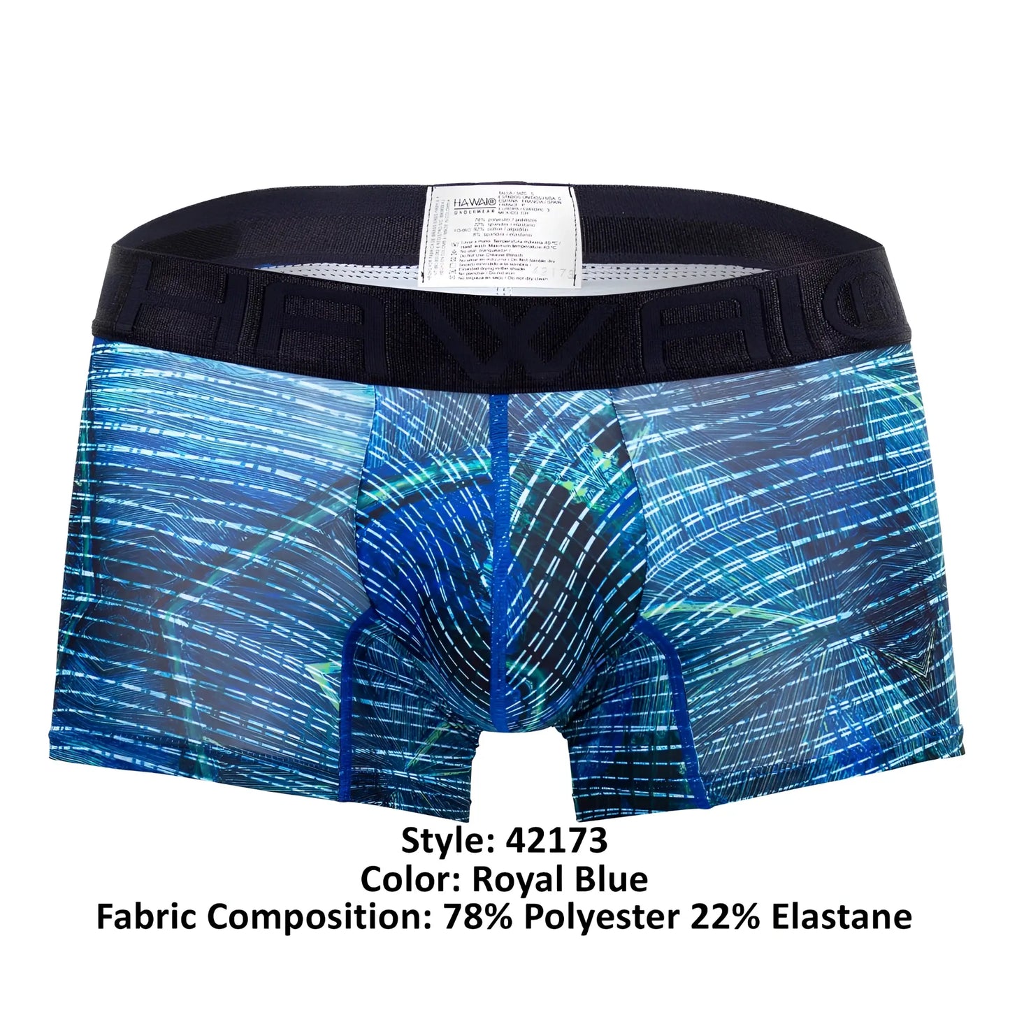 Royal blue HAWAI 42173 printed microfiber trunks with digital circuit pattern and black elastic waistband for men