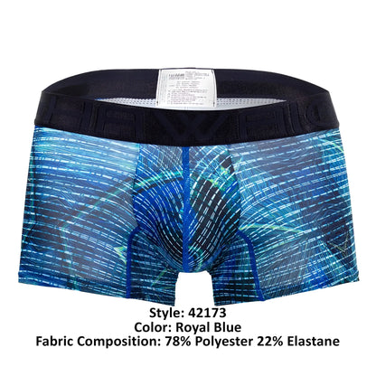 Royal blue HAWAI 42173 printed microfiber trunks with digital circuit pattern and black elastic waistband for men