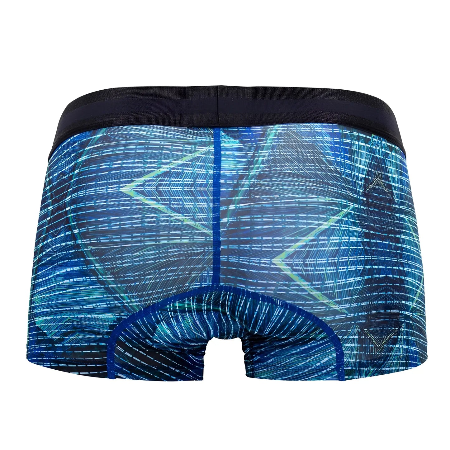 Hawai 42173 printed microfiber trunks in royal blue with blue geometric pattern and black waistband