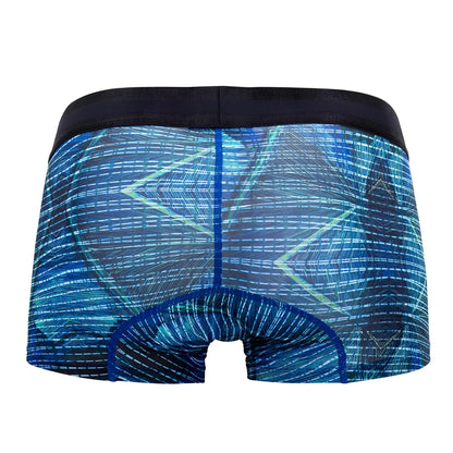 Hawai 42173 printed microfiber trunks in royal blue with blue geometric pattern and black waistband