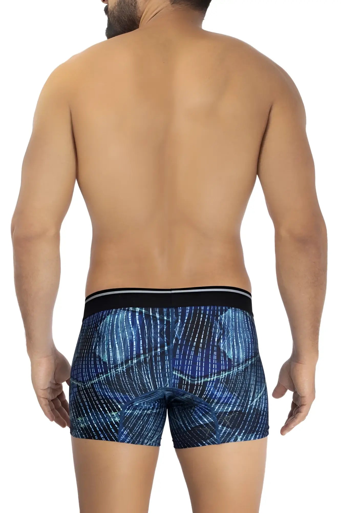 Blue patterned royal blue HAWAI 42173 printed microfiber boxer briefs with black waistband and white stripes