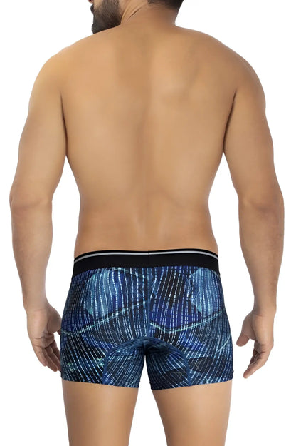 Blue patterned royal blue HAWAI 42173 printed microfiber boxer briefs with black waistband and white stripes