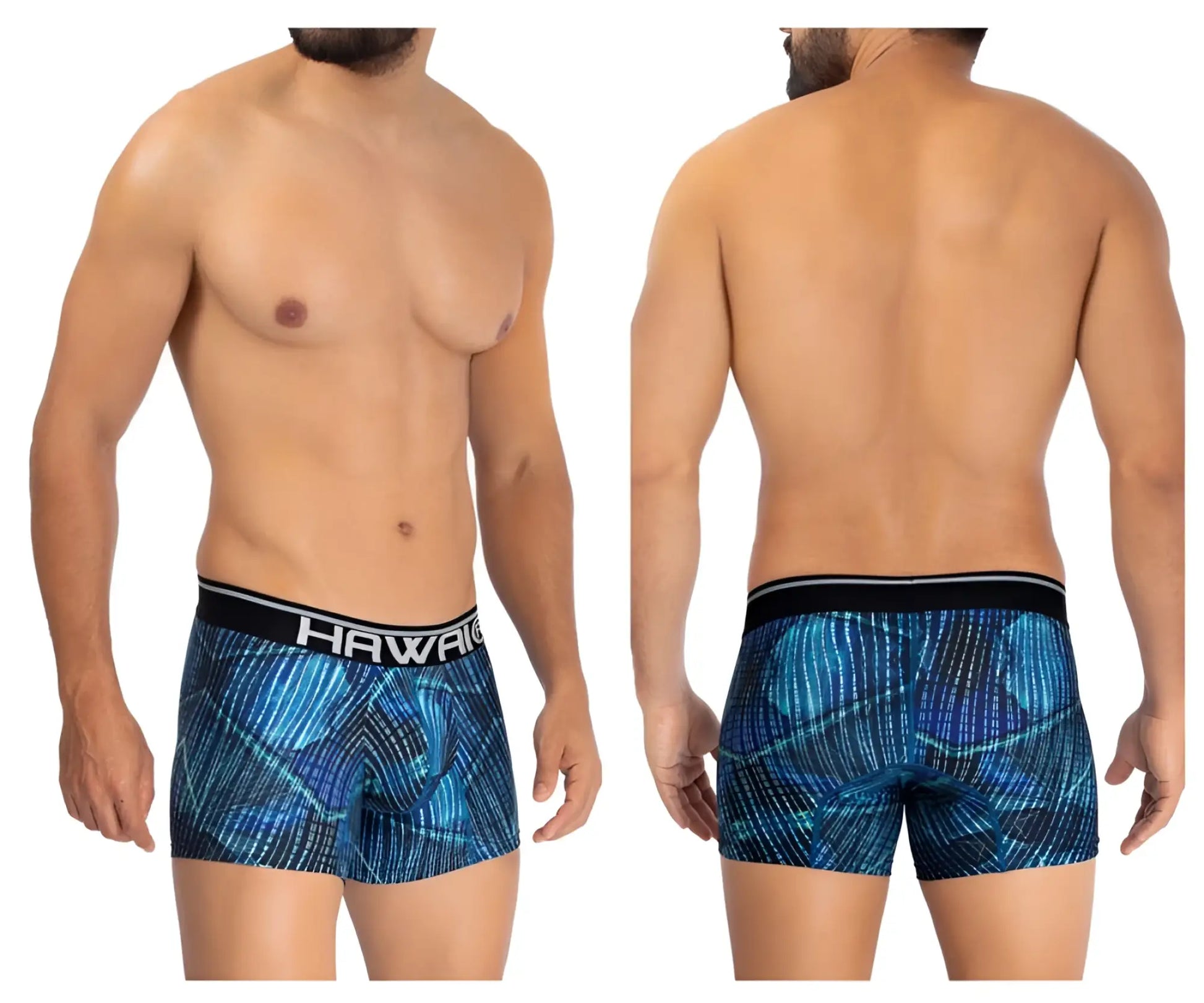 Blue patterned hawai 42173 printed microfiber men’s boxer briefs with black waistband and white hawaii branding