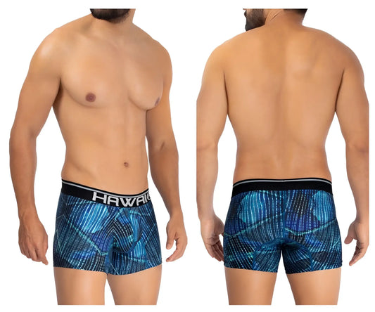 Blue patterned hawai 42173 printed microfiber men’s boxer briefs with black waistband and white hawaii branding