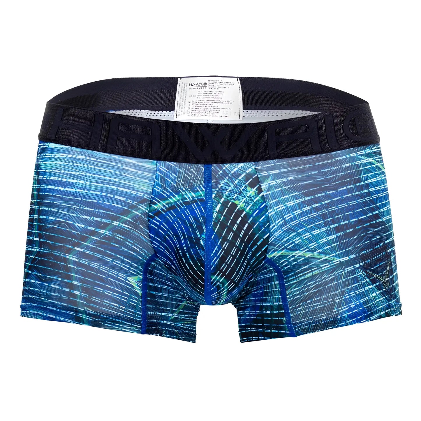 Men’s royal blue hawai 42173 printed microfiber trunks with blue and teal abstract pattern and havio black waistband