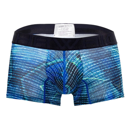 Men’s royal blue hawai 42173 printed microfiber trunks with blue and teal abstract pattern and havio black waistband