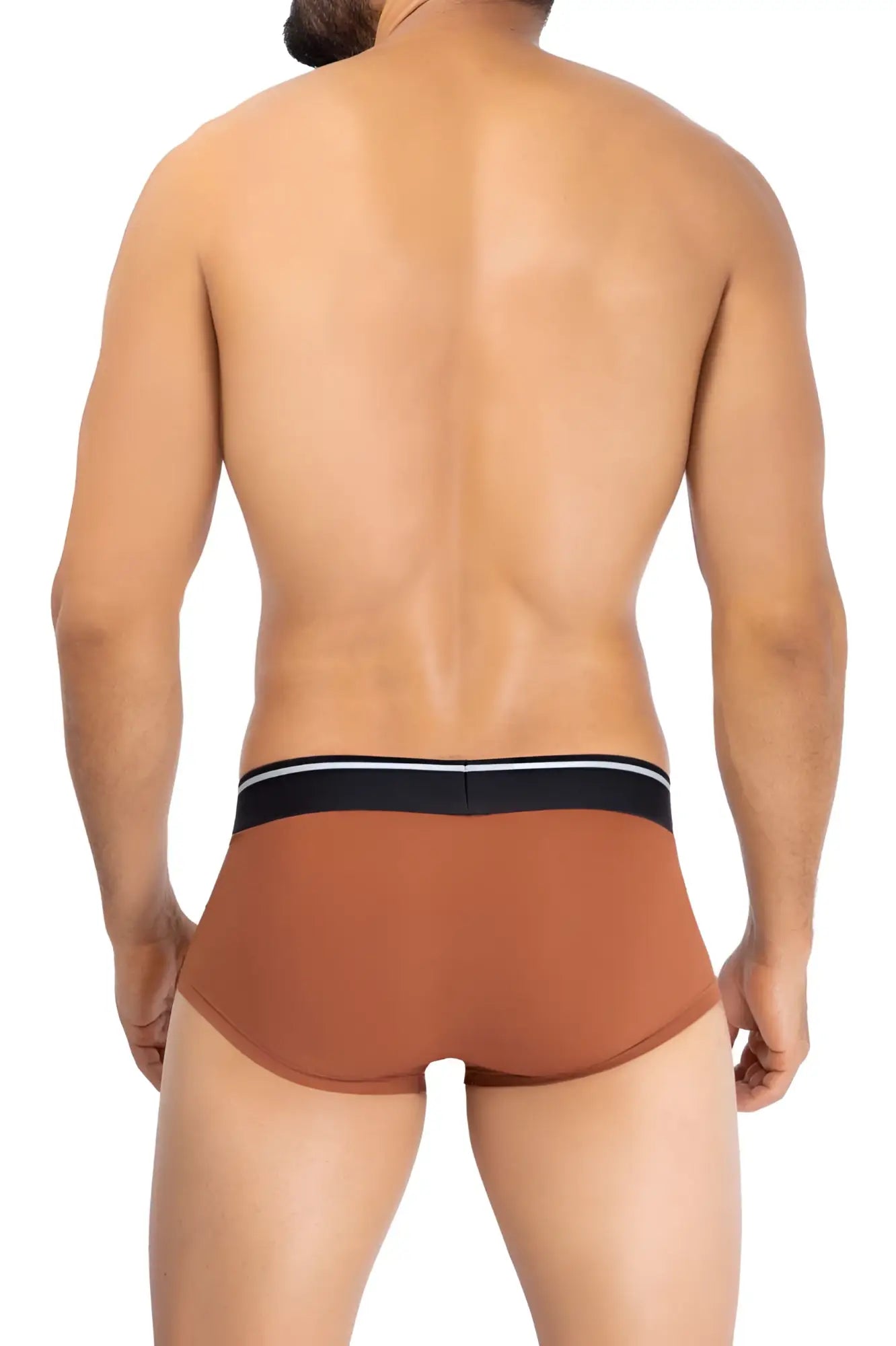 Brown hawai 42181 solid microfiber briefs with black waistband and two thin white stripes in amber color