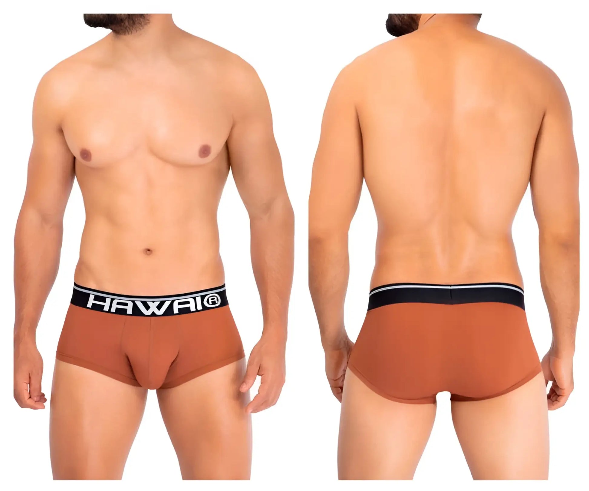 Brown Hawai 42181 solid microfiber briefs in amber with a black elastic waistband featuring white lettering