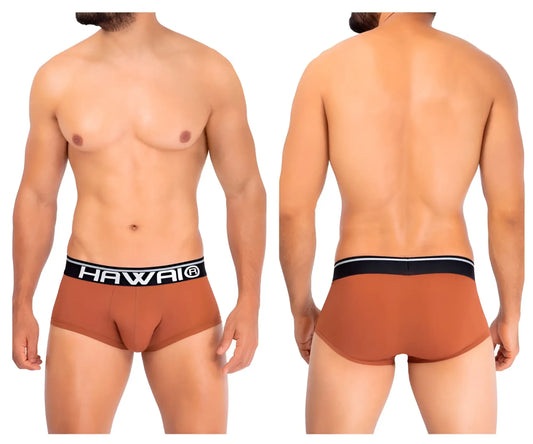 Brown Hawai 42181 solid microfiber briefs in amber with a black elastic waistband featuring white lettering