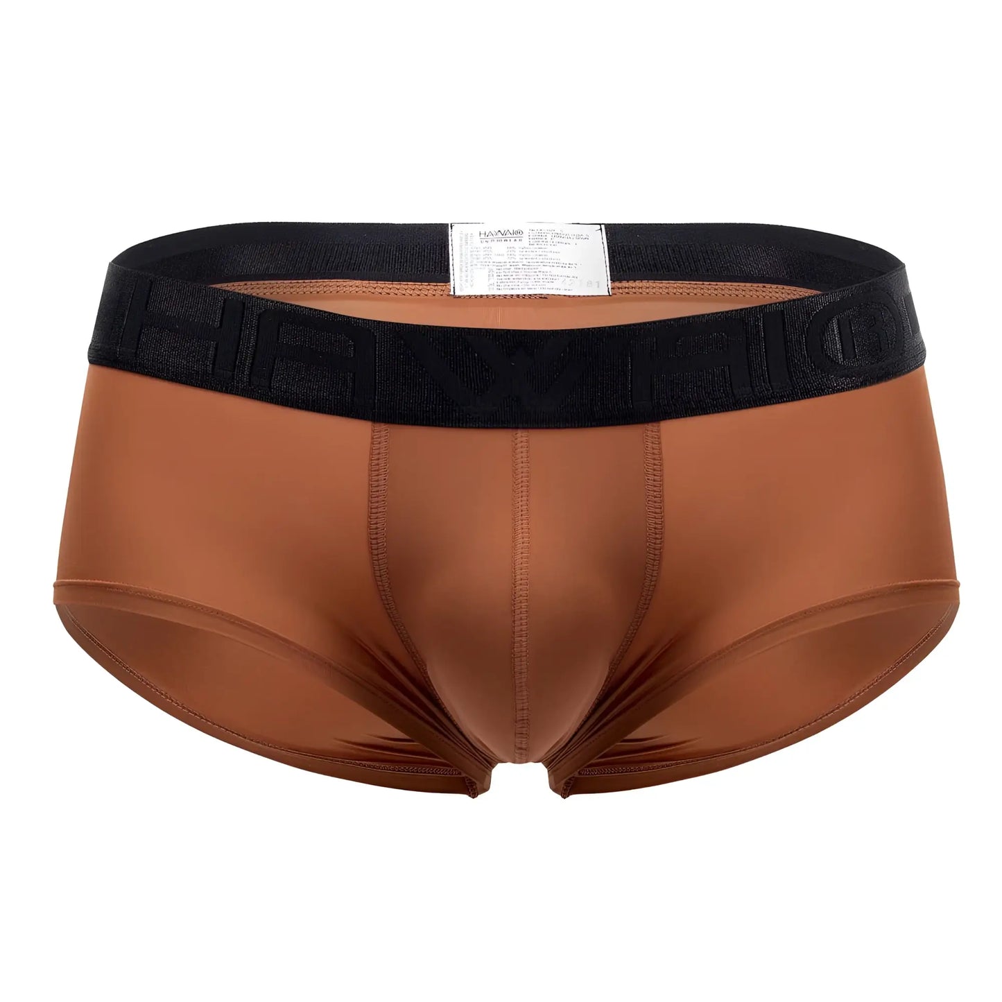 Brown satin microfiber briefs with amber color and black haymo branded elastic waistband in solid style