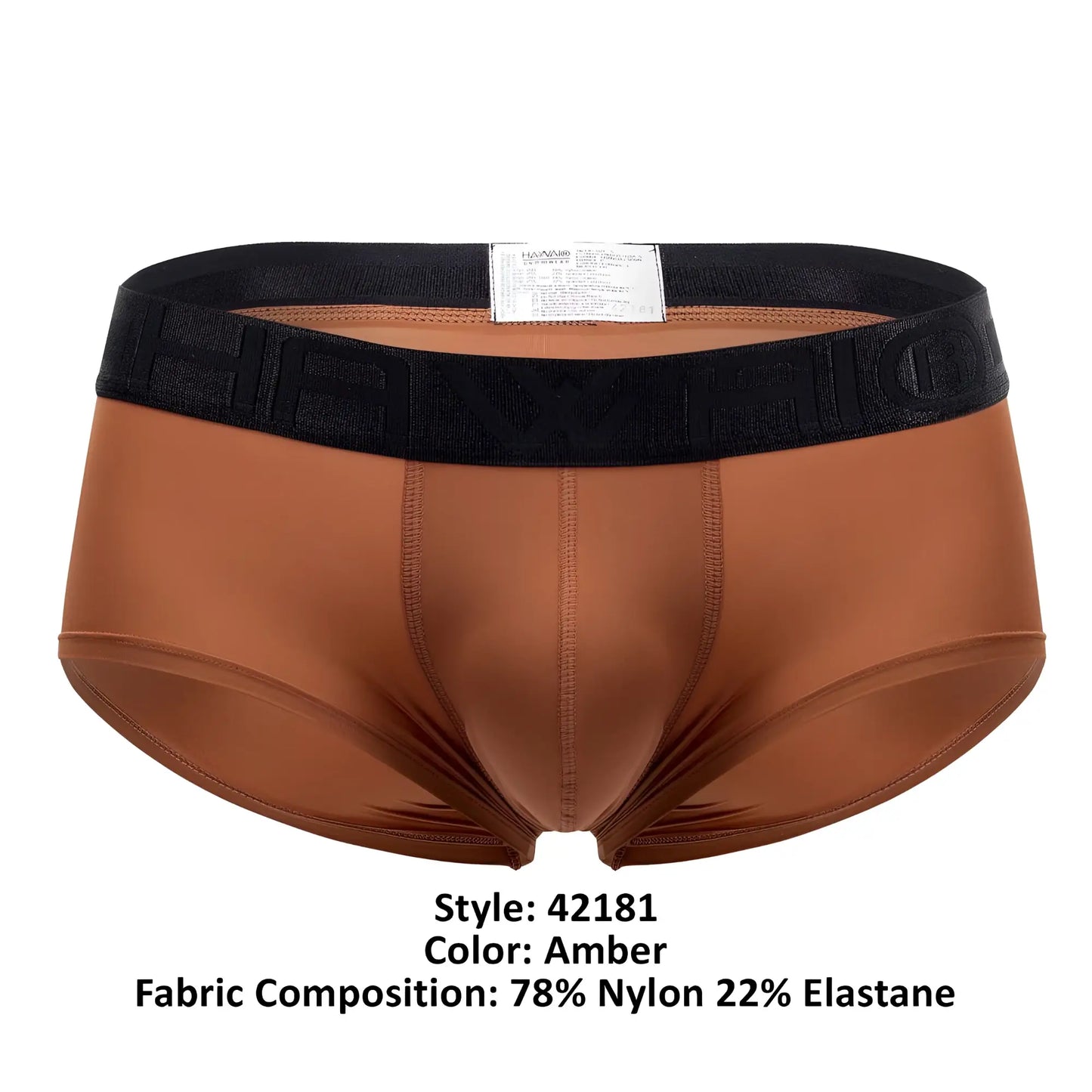 Amber-colored men’s microfiber briefs with black elastic waistband featuring raised HAWAI brand lettering