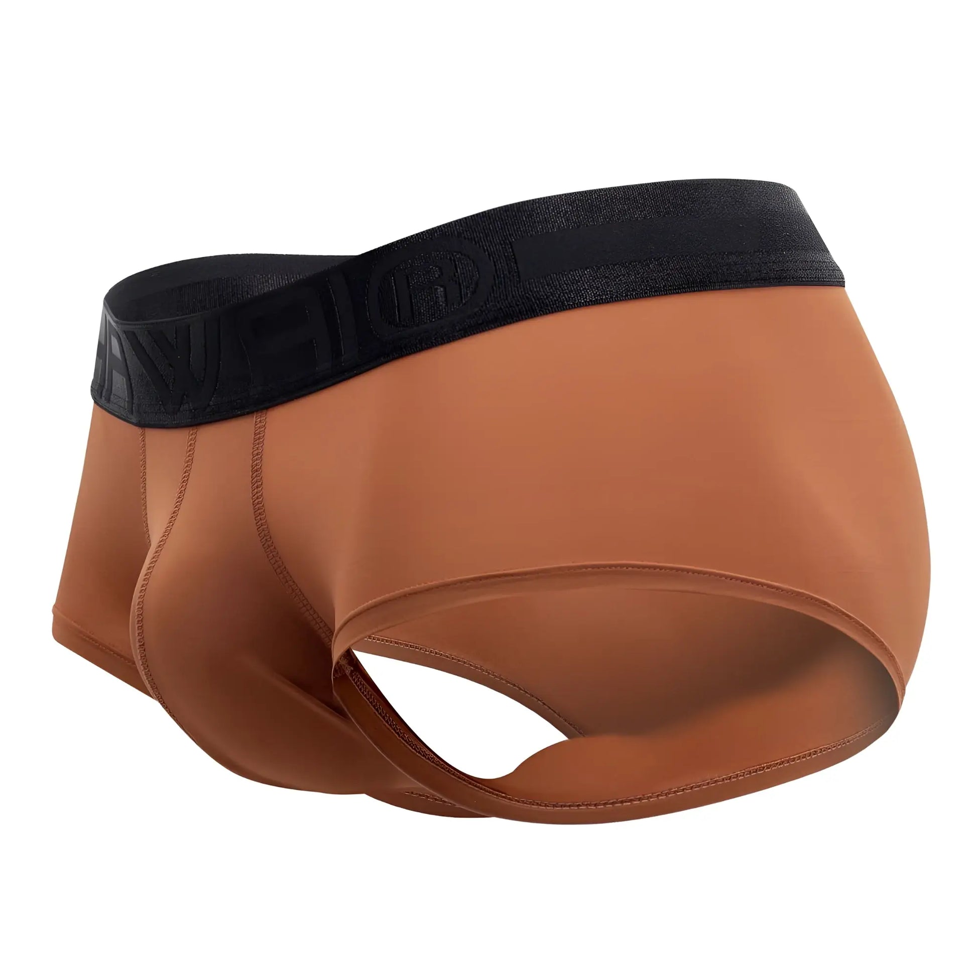 Tan microfiber briefs in amber color featuring a black elastic waistband with an embossed logo front view