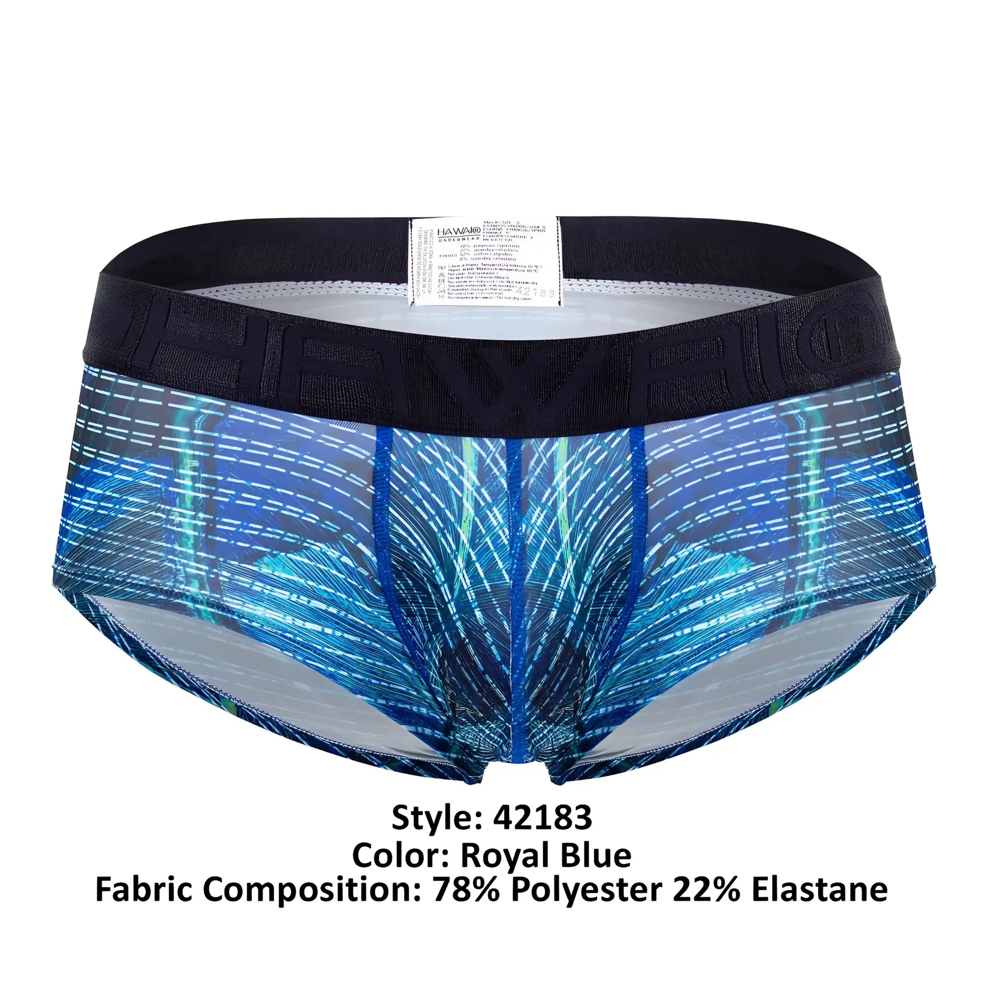 Royal blue Hawaic men’s microfiber briefs with feather pattern and black elastic waistband HAWAI 42183 printed design