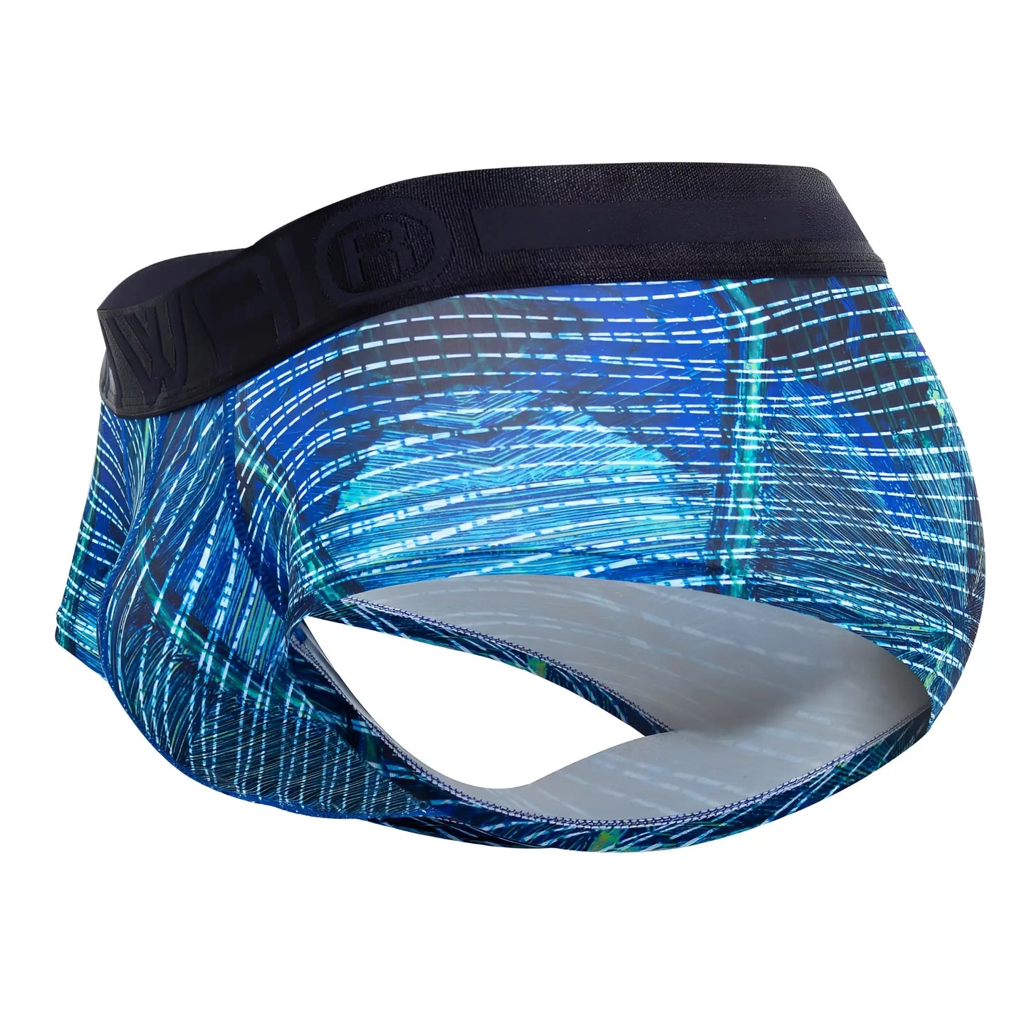 Blue patterned Hawai 42183 printed microfiber briefs with black elastic waistband and gray interior lining