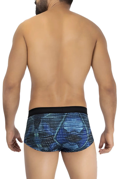 Blue patterned hawaI 42183 printed microfiber men’s briefs with black waistband in royal blue color