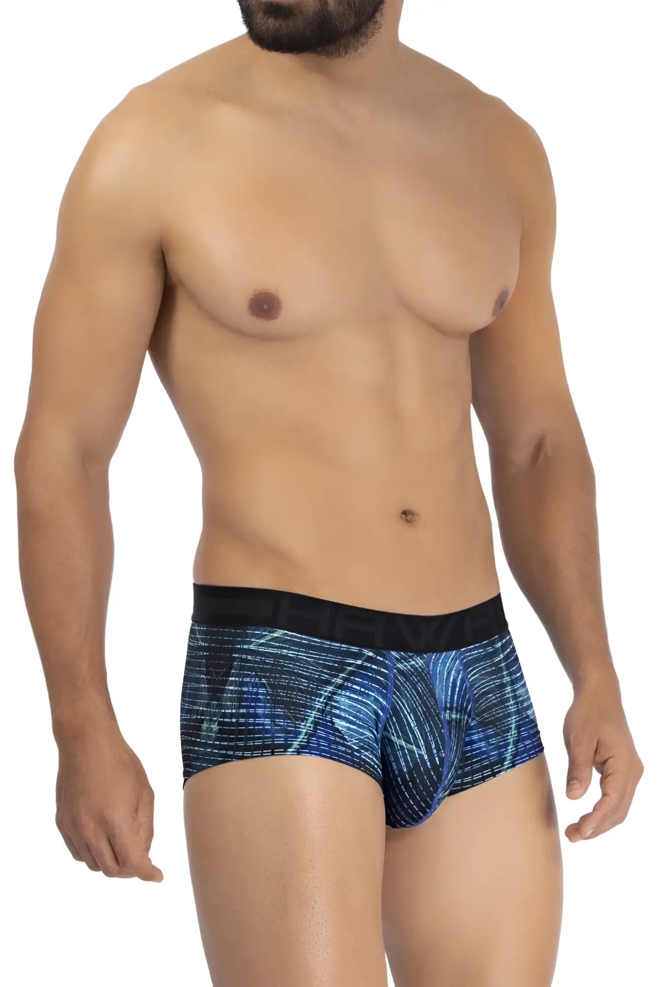 Blue patterned men’s microfiber boxer briefs with black elastic waistband hawai 42183 printed royal blue