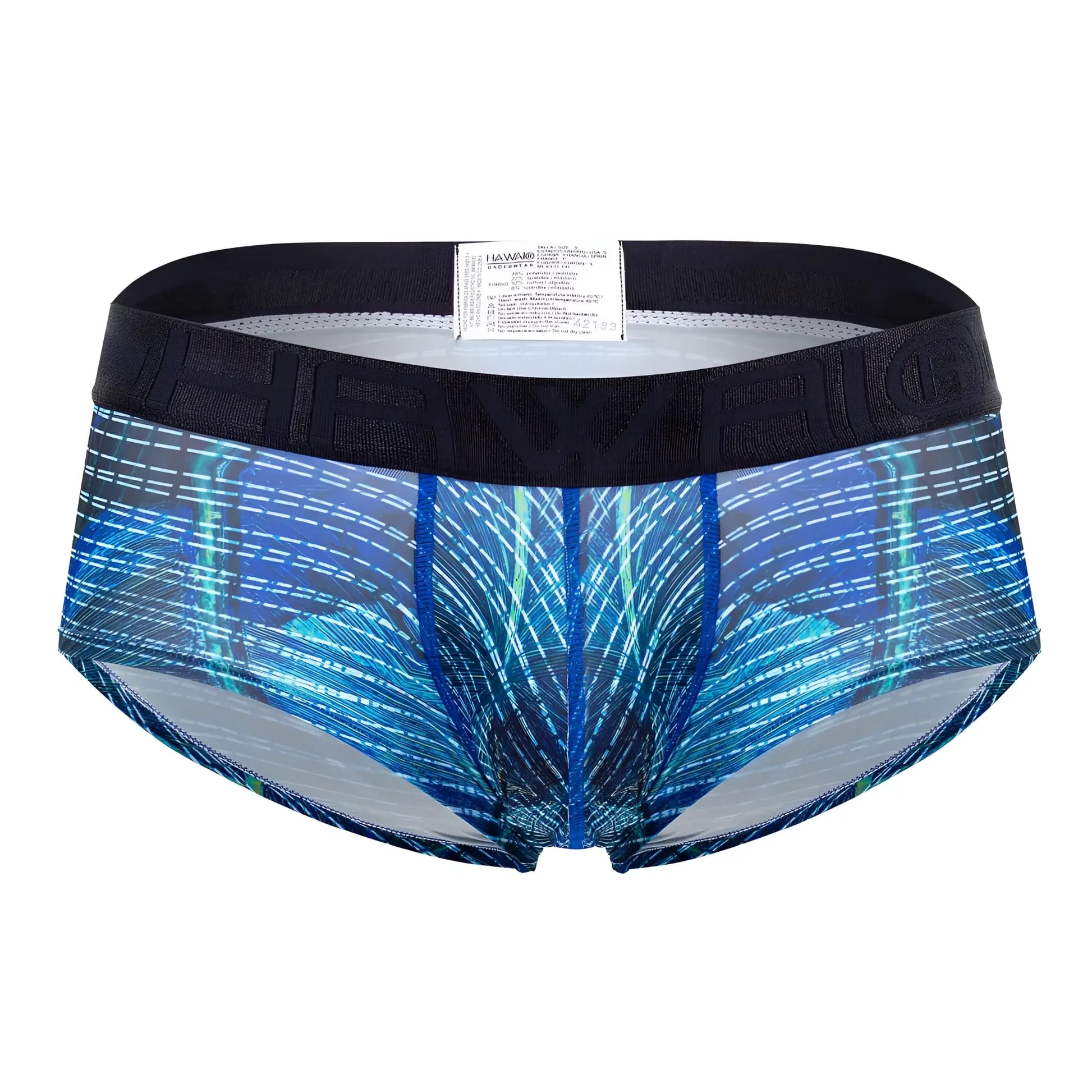 Blue and teal feather-patterned hawaii printed microfiber men’s briefs with black elastic waistband in royal blue